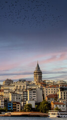 Fototapeta premium Cityscape with Galata Tower over the Golden Horn in Istanbul, Turkey. space for text,