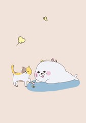 cartoon drawing of cat playing with Cute white seal.