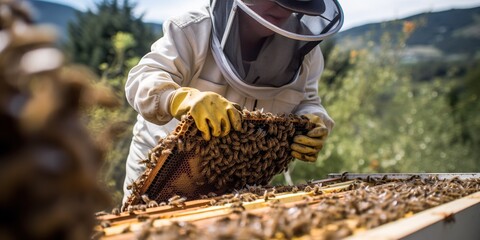 Scientist looks at bee population decline, biodiversity crisis extends far beyond lab walls, concept of Environmental impact of declining bee populations, created with Generative AI technology - obrazy, fototapety, plakaty