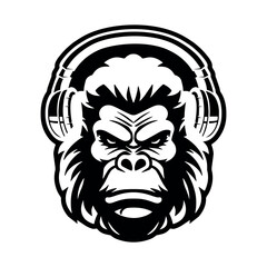 Vector illustration of a head of a gorilla with musical headphones, an isolated image, on a white background