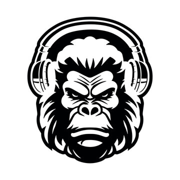 Vector illustration of a head of a gorilla with musical headphones, an isolated image, on a white background