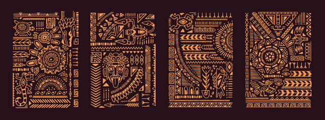 Ethnic Aztec cards, backgrounds set. Ancient Mexican tribal symbols, elements, lines, abstract patterns, navajo ornaments. Hand-drawn interior posters, wall art. Flat graphic vector illustrations - obrazy, fototapety, plakaty