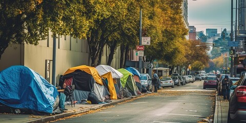 A city council member looks at the alarming rise in homelessness statistics, a testament to the mounting housing crisis in the area, concept of Urban poverty, created with Generative AI technology - obrazy, fototapety, plakaty