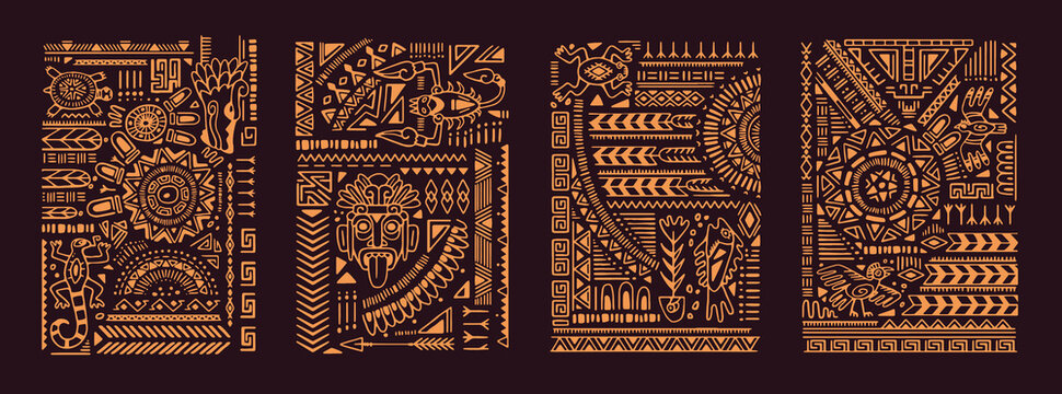 Ethnic Aztec cards, backgrounds set. Ancient Mexican tribal symbols, elements, lines, abstract patterns, navajo ornaments. Hand-drawn interior posters, wall art. Flat graphic vector illustrations