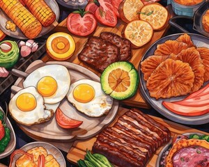 Fototapeta na wymiar Various grilled foods in close-up photo. (Illustration, Generative AI)