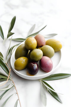 Delicious black, green and red olives with leaves in a bowl on white background. AI generated