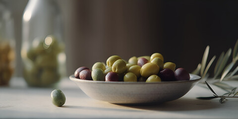 Fresh olives with leaves in a bowl on dark background. AI generated