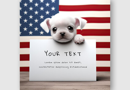 Social Media Post With White Pup Holding Blank Board Against American flag Background, Generative Ai