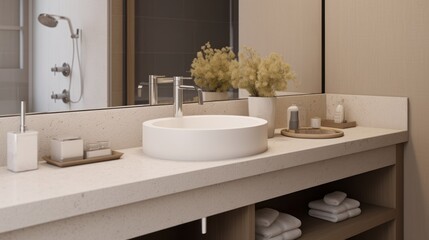 Fototapeta na wymiar Side view of a luxury beautiful bathroom vanity top with ceramic sink, toiletries, and large mirror