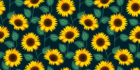 Abstract beautiful sunflower seamless pattern design on dark blue background. Decorative cute floral vector illustration - 616191071
