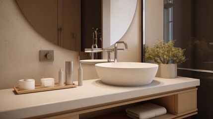 Fototapeta na wymiar Side view of a luxury beautiful bathroom vanity top with ceramic sink, toiletries, and large mirror
