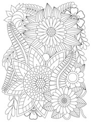 Doodle floral drawing. Hand drawn flowers in black and white for coloring. Doodle art pattern. Flowers in black and white for coloring book. Doodle beautiful flowers art for adult coloring book