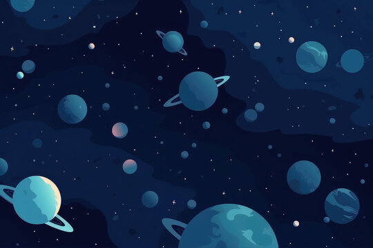 simple seamless Beautiful and eye catchy colour planets and stars, simple field background, isometric, bright vector, Dark blue background, themed pattern