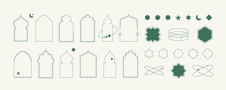 Islamic window frames with modern star and moon boho elements illustrations collection. Arabian architecture geometric arch door shapes silhouettes set. Ramadan kareem mosque gates icons Isolated