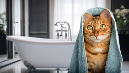 Bengal cat wrapped in a blue towel on the background of the bathroom.