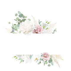 Dusty pink rose, white lisianthus, peony, magnolia, eucalyptus, greenery, pampas grass, fern vector