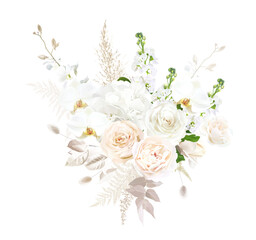 Ivory beige and white flowers vector design bouquet. Creamy rose, white orchid, matthiola, hydrangea