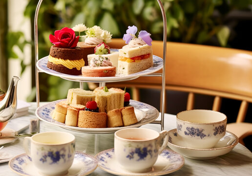 Afternoon tea in the restaurant garden, English tradition and luxury service, tea cups, cakes, scones, sanwiches and desserts, holiday table decor and afternoon tea stand, generative ai
