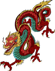 Japanese red dragon tattoo.Dragon on red background for Chinese New Year.Gold Chinese Dragon vector. Gold line art King Dragon tattoo.cartoon vector for t-shirt.