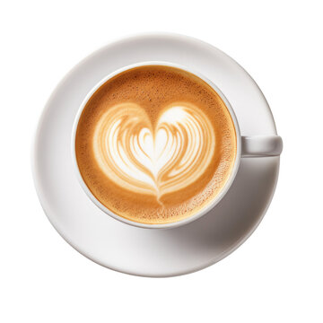 hot coffee cup latte with heart shaped latte art milk foam on white saucer illustration transparent background, PNG