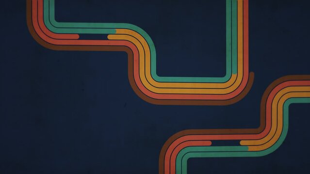 Trendy retro 1970s curved stripes grunge background with gently flowing colorful lines in warm color tones with copy space. This vintage style motion background animation is 4K and a seamless loop.