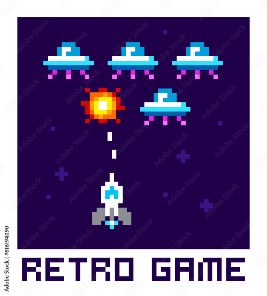 Poster  Space Arcade in 8-bit retro video game style pixel graphics. Geek Poster with vintag computer game screen vector illustration
