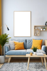 Grey couch with white and yellow framed art on a table in a living room, in the style of indian motifs, light sky-blue and light orange