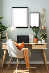 Desk with chair and photo frames in a living room with a wooden chair as a chair, in the style of light teal and light orange, nature inspired, highly detailed foliage, light orange and orange