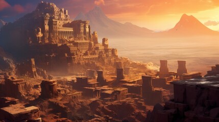 Fototapeta premium Ancient city buried deep within a desert or underwater realm. Depict its crumbling architecture, intricate statues, and the sense of wonder and mystery that surrounds this forgotten civilization