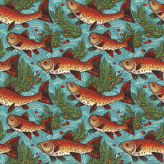 Fototapeta premium Fishes in underwater habitat cartoon style seamless pattern. Generative AI