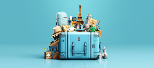 Creative summer beach composition in suitcase on blue background. travel concept idea. - obrazy, fototapety, plakaty