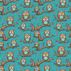 Fototapeta premium Modern cartoon style owl seamless pattern design. Generative AI 4
