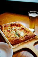 pizza on a wooden table
