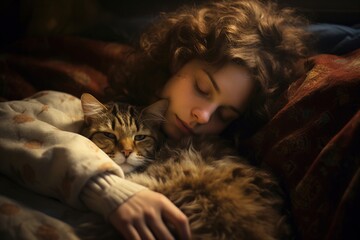 Female is holding and petting and kissing cute cat. Pet love concept. Generative ai image.