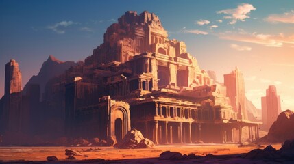 Ancient city buried deep within a desert or underwater realm. Depict its crumbling architecture, intricate statues, and the sense of wonder and mystery that surrounds this forgotten civilization