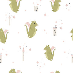 Childish seamless pattern with cute dragons and castles