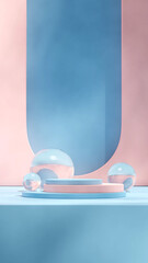 pink and blue cylinder in portrait glass sphere backdrop, rendering 3d empty space