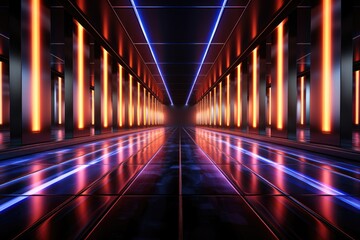 Sci-fi futuristic background wall tunnel corridor with glowing neon multi color lighting effects Generative AI Illustration