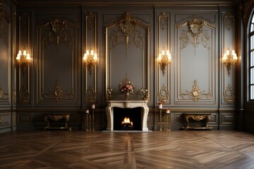 Luxury background of an elegant interior vintage room with wood floor and luxurious patterned walls Generative AI Illustration