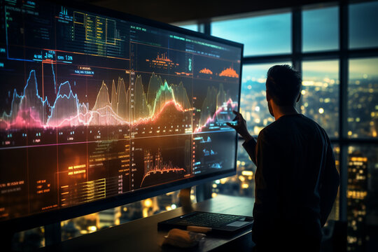 scrolling digital charts and financial information hovering in the air, providing live updates on stock prices Generative AI