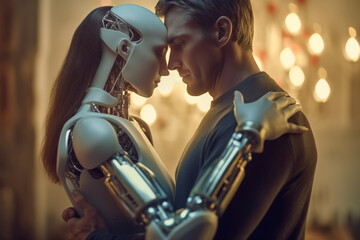 Love relationship between a human and a robot. The connection of human feelings. Future attitud. female android ciborg robot artificial intelligence, robotization and automatization. Generative AI