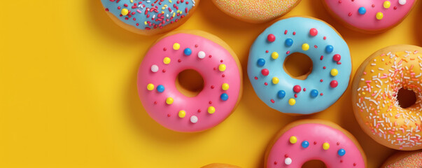 Fototapeta na wymiar Banner of colorful donuts on bright yellow background, with copy space, top view. AI generative