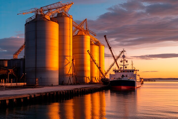Fototapeta na wymiar Grain deal concept, metal grain storage stands close up to Odessa sea port