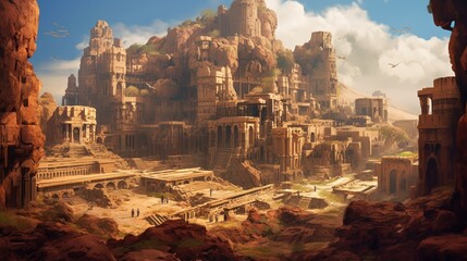 Ancient city buried deep within a desert or underwater realm. Depict its crumbling architecture, intricate statues, and the sense of wonder and mystery that surrounds this forgotten civilization