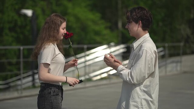 teenagers. first relationship. a caucasian boy gives a caucasian girl a rose. a teenage boy gives a teenage girl a rose. High quality Full HD video recording