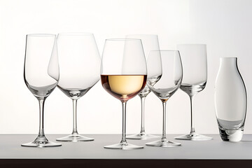 Empty transparent wine glasses on a table on light background. AI generated
