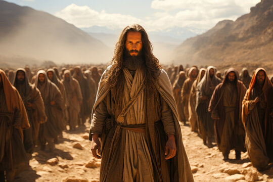 Illustration of Joshua leading the people of Israel in the desert on the way to Canaan Generative AI