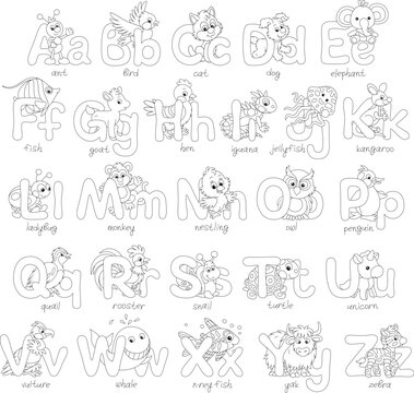 English alphabet and dropped capitals with funny toy animals, a set of black and white outline vector cartoon illustrations for a coloring book