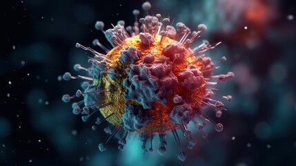 Close up of the COVID virus floating on a dark background. Created with Generative Ai technology.