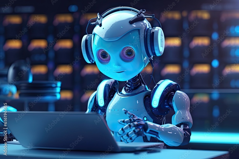 Poster futuristic robot typing and learning with laptop, chat bot. generative ai